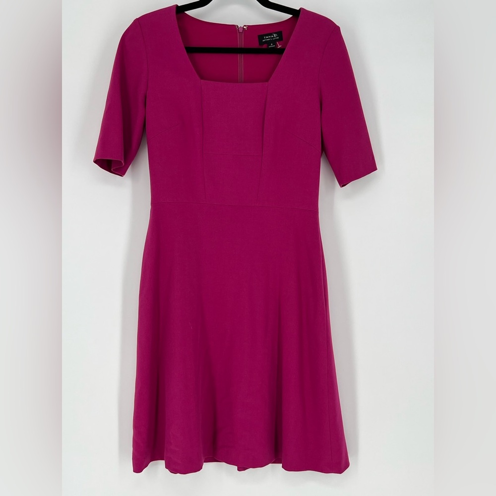 Tahari ASL NWOT magenta crepe square-neck A-line‎ dress